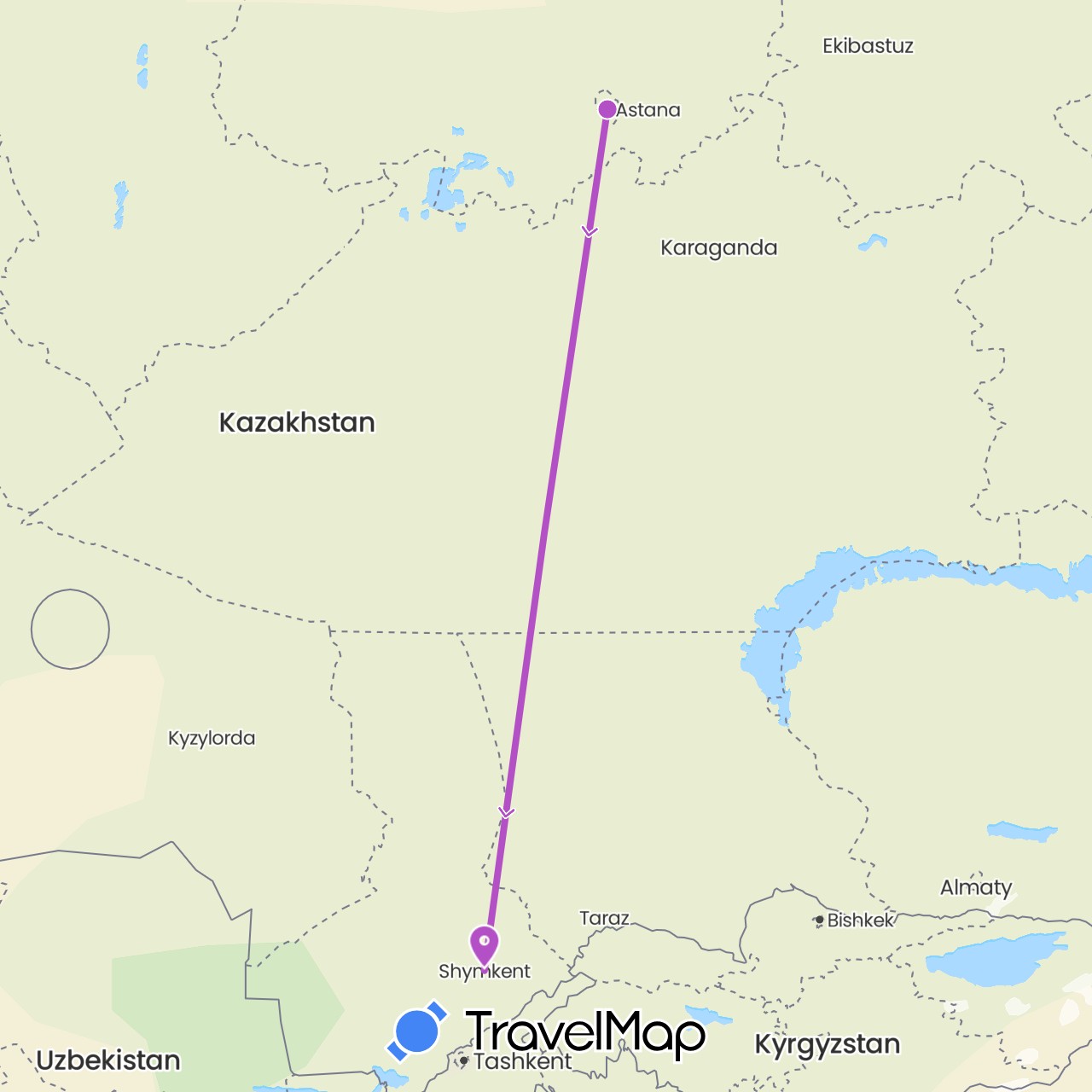 TravelMap itinerary: driving, train in Kazakhstan (Asia)