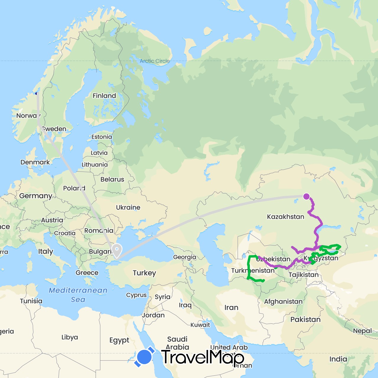 TravelMap itinerary: driving, bus, train, plane in Kyrgyzstan, Kazakhstan, Norway, Turkmenistan, Turkey, Uzbekistan (Asia, Europe)