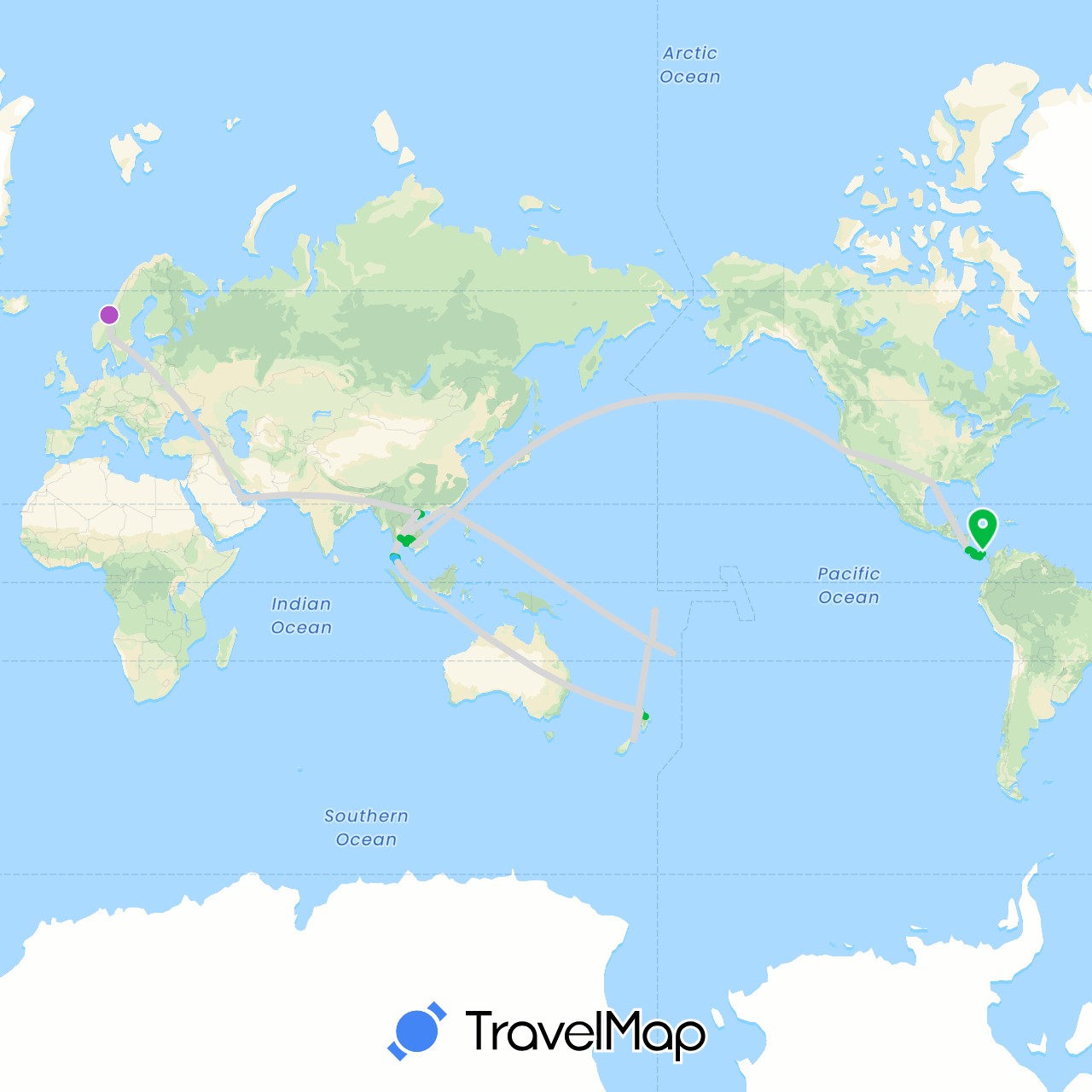 TravelMap itinerary: driving, bus, train, boat, plane in China, Costa Rica, Fiji, Cambodia, Malaysia, Norway, New Zealand, Panama, Qatar, Singapore, Thailand, Tonga, Tuvalu, Taiwan, United States, Vietnam (Asia, Europe, North America, Oceania)